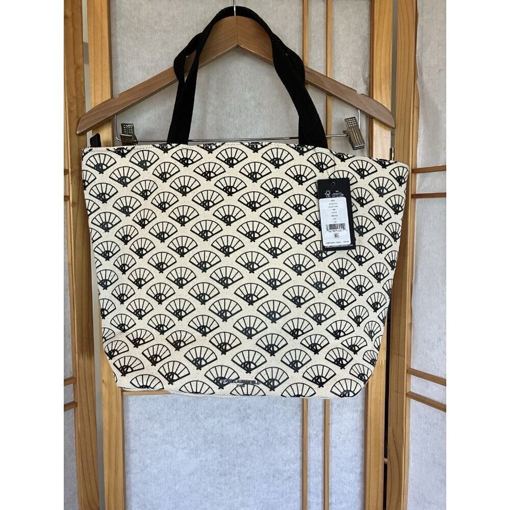 NWT Cannes Canvas Tote By Karl Lagerfeld, Beige/Black Zip Top, Cotton MSRP $98